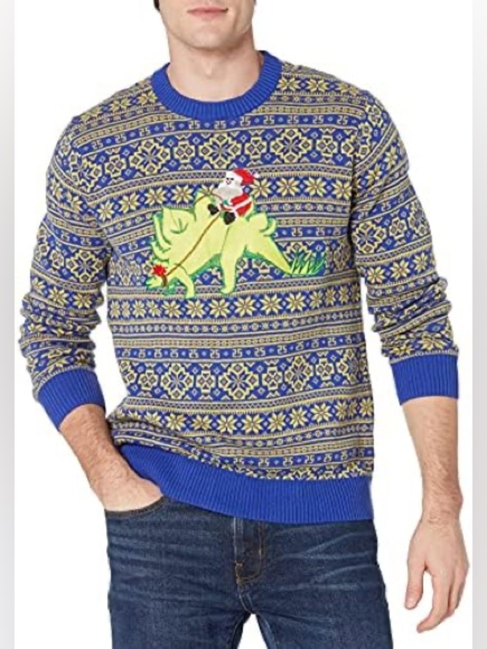 Alex Stevens XXL Santa Dinosaur Ugly Christmas Sweater Blue Yellow